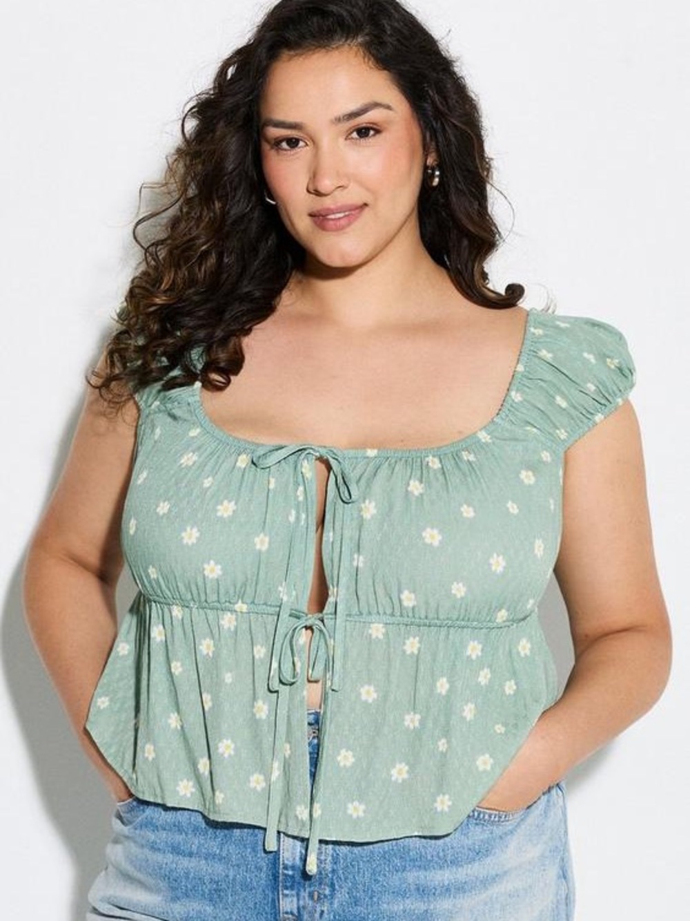 Lovesick Sage Green Daisy Tie-Front Crop Top
